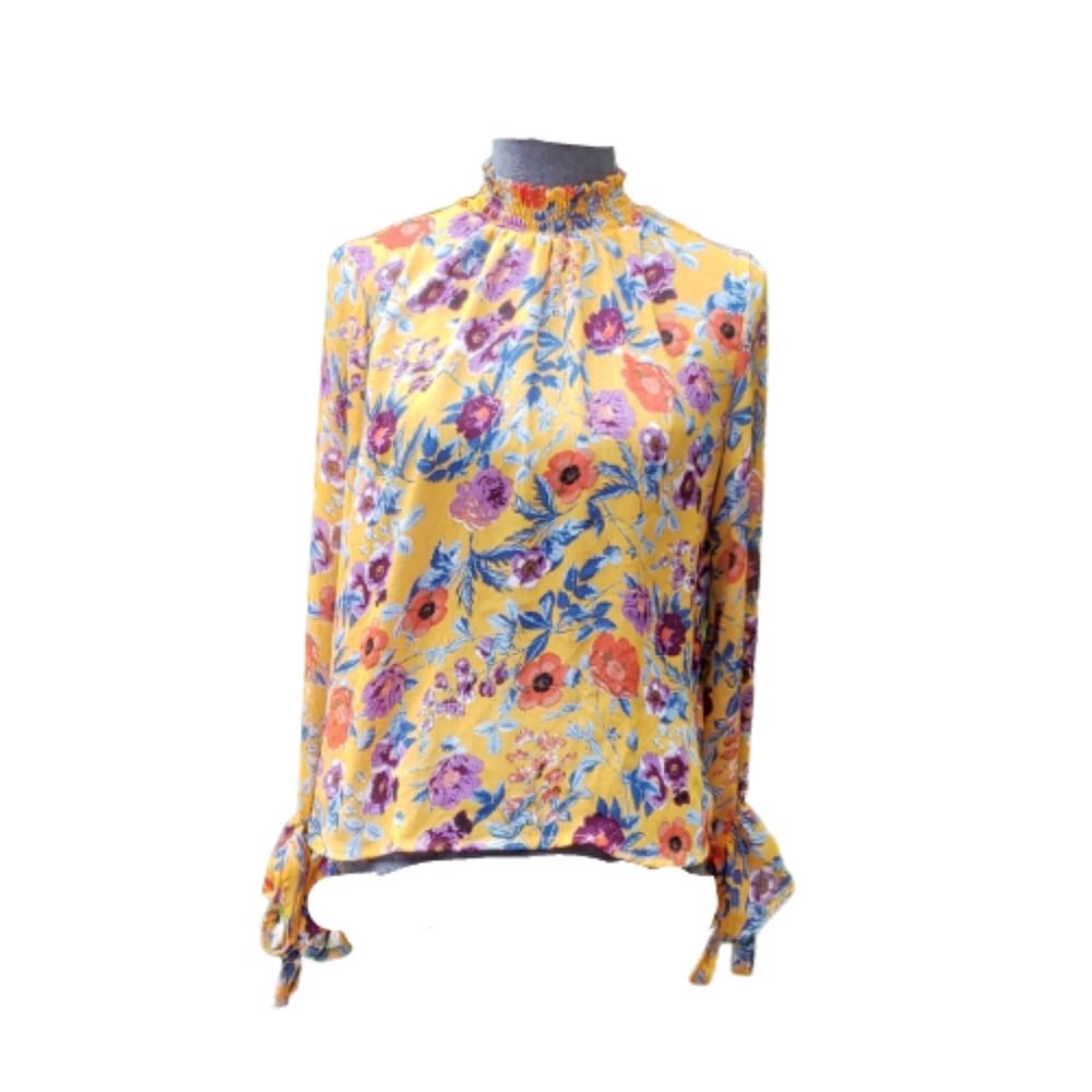Miss Lili High Neck Floral Semi-Sheer Top Size Medium Yellow